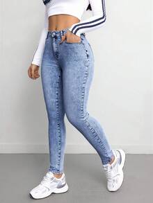 SHEIN Tall CURVE 大码女款蓝色牛仔弹力紧身裤 - 中等水洗藍 - 查看 8