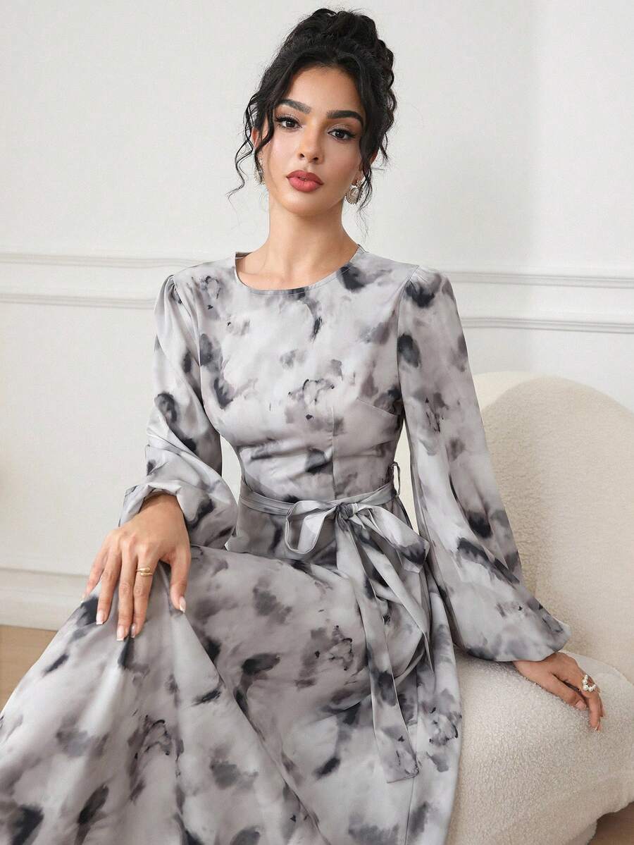 Modelyn Tie Dye Lantern Sleeve Belted Maxi Dress - Grey - View 1