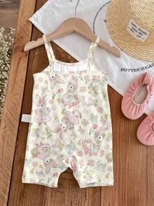 SHEIN 可爱田园兔子和花卉印花压花套装、波西米亚风野花、植物套装、复古植物套装、柔和花卉自然套装、适合春夏季、户外野餐、郊游、街头风格、家居、波西米亚风、嬉皮士风、音乐节的女婴休闲连体衣 - 彩色 - 查看 2