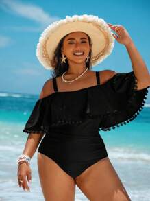 Swim Vcay Plus Size Fringe Decor Ruffled Hem One-Piece Swimsuit, Casual For Resort For Summer Beach Vacation - Black - View 3