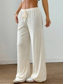 SHEIN Tall 1 件女式杏色针织弹力面料长裤，口袋，抽绳，低腰，松紧腰带，休闲日常穿着，秋季 - 杏色 - 查看 5