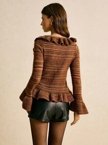 Poéselle Women's Brown Striped Ruffled Knit Tie Front Cardigan,Vintage V Neck Long Sleeve Sweater,Autumn Boho Dinner Date Y2K Style Flared Sleeve Open Front - Multicolor - View 2