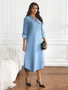 SHEIN Tall 女式 V 领长袖牛仔连衣裙，带袖口，宽松版型，前短后长