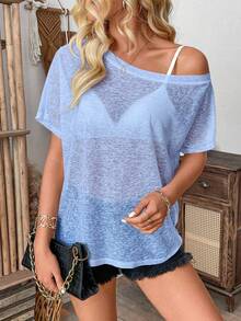 EMERY ROSE بلوزة نسائية بلون أحادي ذات رقبة غير متماثلة وأكمام قصيرة كاجوال