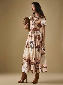 Briarwyn Women's Fashion Commuter Western Style Satin Printed Button Front Long Dress,Fall Dresses,Button Up Shirt Dress Women Old Money Style Women Elegant Dresses For Women