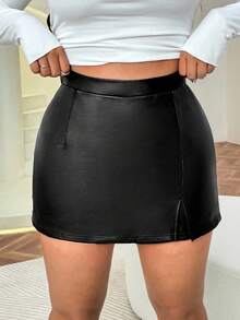 SHEIN EZwear Plus Size Women High Waist PU Leather Skirt Pants,Black,Summer,Smart Casual,Date Night,Versatile Autumn Winter Elegant Chic Wedding Guest Skorts - Black - View 6