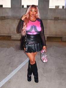 Enliva Obviously_ebony Plus Size Body Morph Figure Graphic Contrast Mesh Teenew Party Outfit Sexy Outfit Sexy Outfits Club Long Sleeve Birthday Outfit Valentine Day Bachelorette Party Spring Women Clothes, For Apple Rounded Body Shape