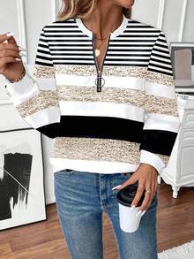 EMERY ROSE Women's Fashion Sweatshirt, Round Neck, Long Sleeve, Half-Zip, Contrast Ribbed Collar, Cuffs And Hem, Asymmetrical Striped Print, Grey Fall Cloth For Women