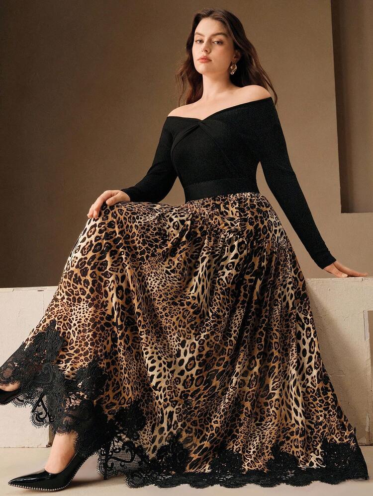 Plus Size Women Leopard Print Chiffon Elegant Lace Patchwork High Waist Skirt, Suitable For Teachers Back To School