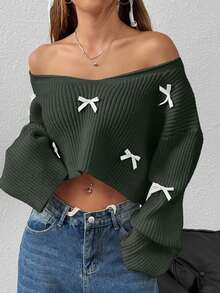 EURMUSE Women's Casual Cute V-Neck Dropped Shoulder Loose 3D Bow Decor Cropped Pullover Sweater, Autumn/Winter - Army Green - View 7
