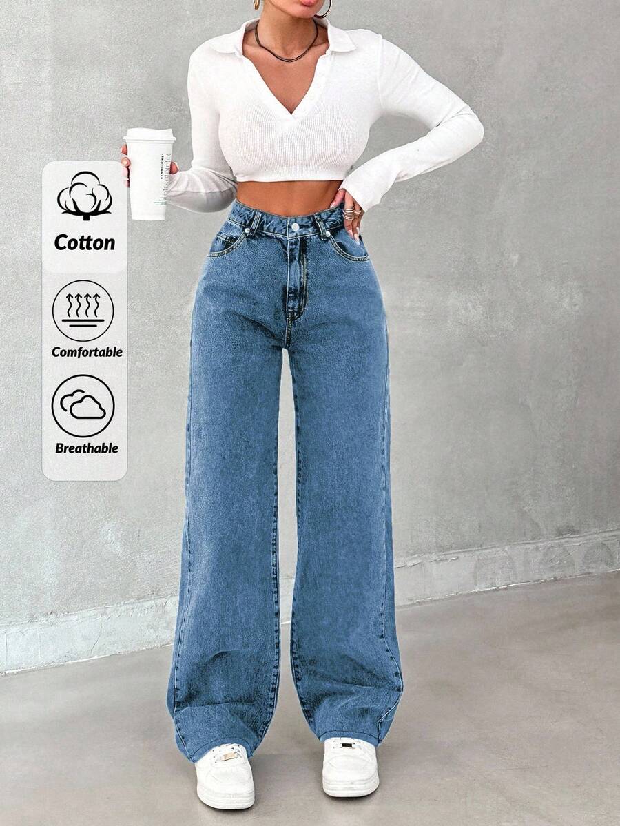 SHEIN Tall Loose Wide-Leg Denim Jeans With Slanted Pockets - Medium Wash - View 1