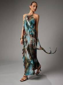 Hauture Women's Sexy Abstract Print Layered Ruffle Hem Maxi Halter Neck Dress For Vacation, Party - Multicolor - View 1