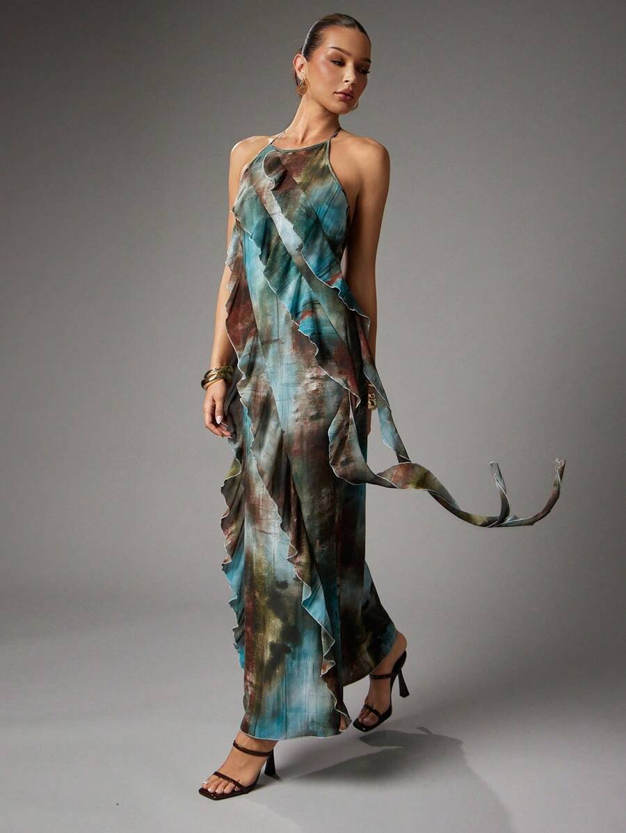Hauture Women's Sexy Abstract Print Layered Ruffle Hem Maxi Halter Neck Dress For Vacation, Party - Multicolor - View 1