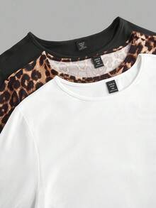 SHEIN EZwear 3件套女士加大码休闲纯色及豹纹圆领褶皱长袖T恤，适合秋冬季节，女士秋季服装3件装上衣紧身露脐长袖露脐豹纹上衣 - 彩色 - 查看 8