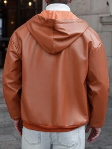 Manfinity CasualCool Men's Autumn Solid Color PU Leather Hooded Jacket,Burnt Orange Streetwear Bomber Coat,Hiking Outdoor Warm Zip Front Drawstring Long Sleeve Clothing - Brown - View 2