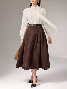 Heiryn 女士秋季通勤褶皱A字裙 - 鏽棕色 - 查看 3