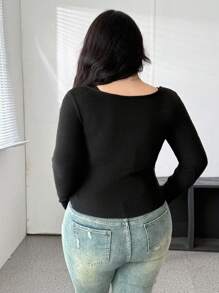 Vibekara Áo len dệt kim ren chắp vá cỡ lớn cho nữ, áo phông dài tay dáng ôm, thích hợp làm lớp lót cho mùa thu/đông - màu đen - Xem 2