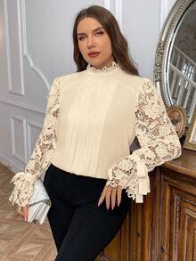 SHEIN Privé Plus Size Elegant Lace Patchwork Pleated Fitted Hollow Out Ruffle Collar Blouse, Spring/Autumn