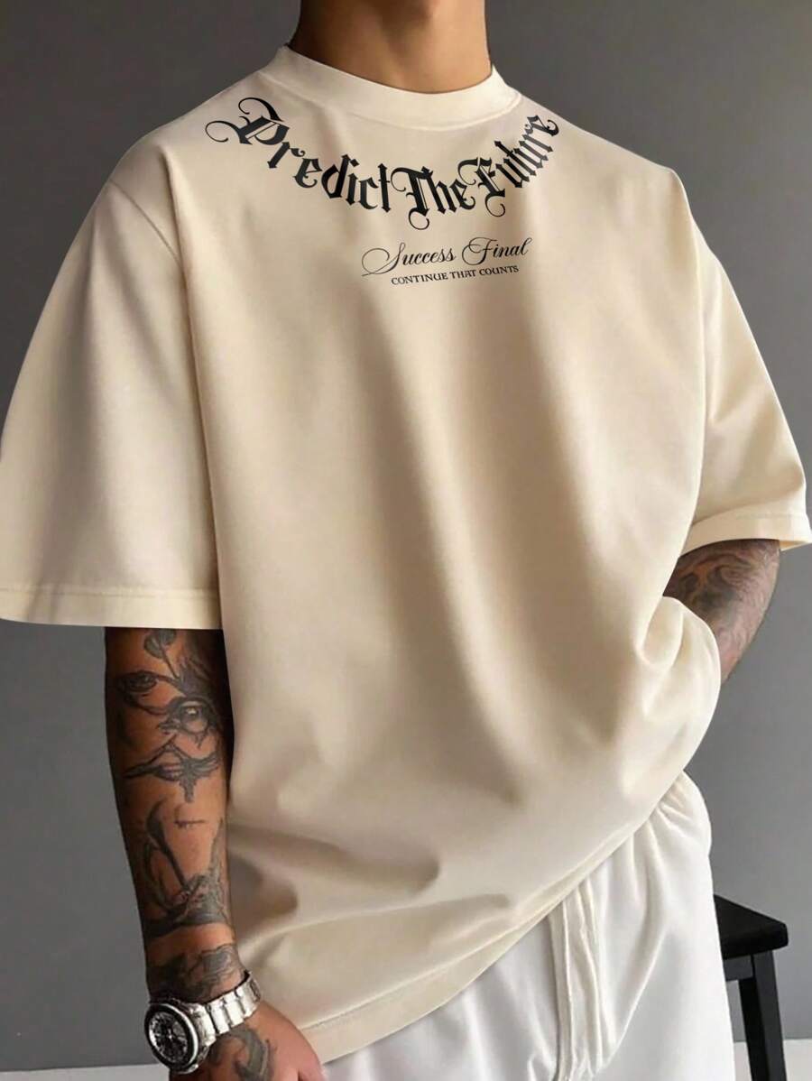 Manfinity EMRG 男士字母印花高领 T 恤 - 卡其色 - 查看 1