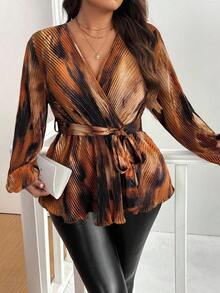 Vionelle 大码系带长袖简约休闲衬衫荷叶边上衣 - 彩色 - 查看 5