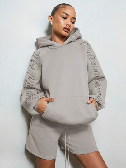 SUMWON WOMEN Women Oversized Casual Script Print Lounge Hoodie Pullover Winter Fall Cozy Comfortable Streetwear Drawstring Light Grey Sweatshirt