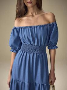 Selenza Robe longue en jean avec manches bouffantes courtes et épaules dénudées, taille froncée - Bleu azur - Voir 6