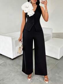 SHEIN Lady Black And White Two-Piece Suit,Summer Elegant Three-Dimensional Flower Top & Wide-Leg Pants,Holiday Dinner Business Casual Outfits For Women Work - Black - View 3