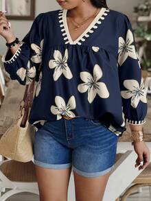 Weeklong Blouse ample à manches lanternes et col V avec imprimé floral aléatoire pour grandes tailles femmes