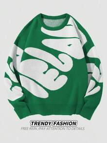 Manfinity EMRG Herren Lässig Pullover mit Buchstabenmuster, Rundhalsausschnitt, Langarm, locker gestrickt, Herbstgrün Pullover, Herren Grün Pullover, Grafik Pullover, Abstrakt Pullover