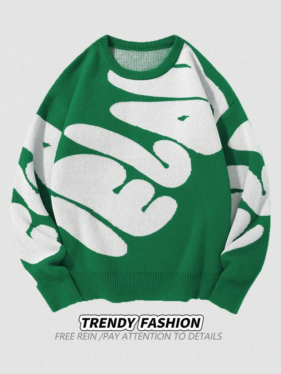 Manfinity EMRG Herren Lässig Pullover mit Buchstabenmuster, Rundhalsausschnitt, Langarm, locker gestrickt, Herbstgrün Pullover, Herren Grün Pullover, Grafik Pullover, Abstrakt Pullover