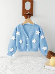 SHEIN Playful Pals Young Girl Fashionable Casual Cute Sweet 3D Star Cardigan Girls Blue Cardigan With Stars Girls Star Cardigan Baby Blue Cardigan Kids Blue Sweater Toddler Girl Blue Cardigan Fall Winter