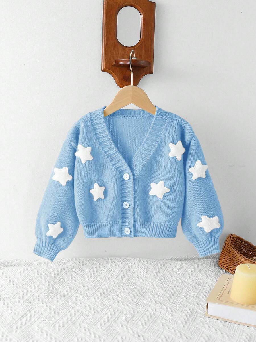 SHEIN Playful Pals Young Girl Fashionable Casual Cute Sweet 3D Star Cardigan Girls Blue Cardigan With Stars Girls Star Cardigan Baby Blue Cardigan Kids Blue Sweater Toddler Girl Blue Cardigan Fall Winter
