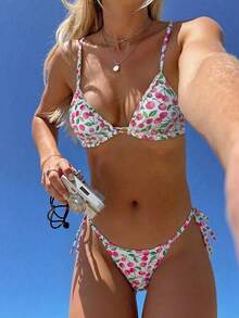 Swim Mod Women's Cherry Print Halter Neck Sexy Bikini Set, Summer Beach - Multicolor - View 1