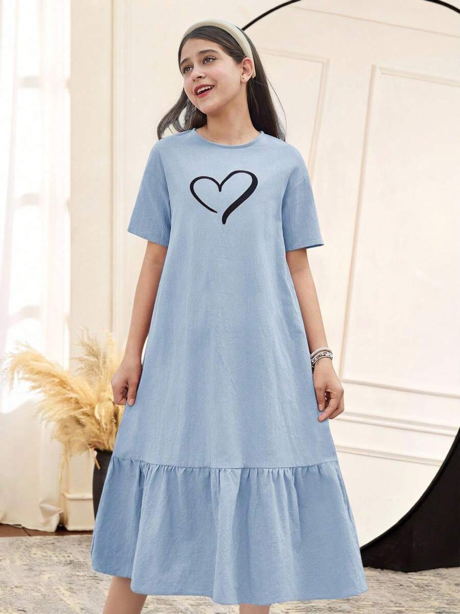 SHEIN Leap Crew Tween Girl Loose Casual Round Neck Ruffle Hem Heart Embroidery Dress - Baby Blue - View 1