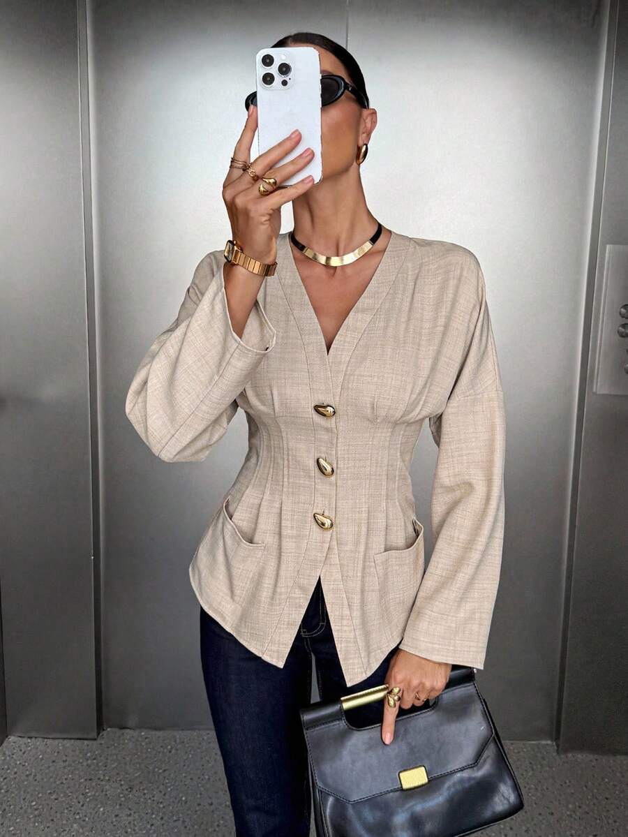 Siren Gaze New Autumn And Winter Thin Jackets With Metal Buckles For Women, Women's Silhouette Shirts, Fashionable Women's Clothing, Casual Commuter Tops, Office Clothes For Women Women Blouses Elegant