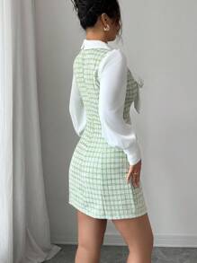 Elenzga Váy nữ 2 trong 1 họa tiết nơ chắp vá màu tương phản lãng mạn thanh lịch - Nhiều màu - Xem 2