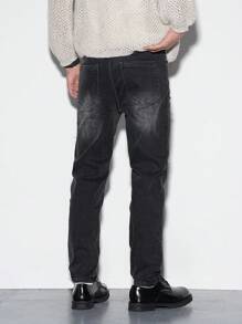 Manfinity EMRG Men's Casual Washed Distressed Patch Denim Jeans - Dark Grey - View 2