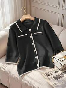 Franclia Women's Vintage Contrast Color Collar Knit Short Sleeve Cardigan, Spring/Summer