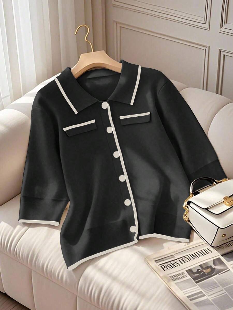 Franclia Women's Vintage Contrast Color Collar Knit Short Sleeve Cardigan, Spring/Summer