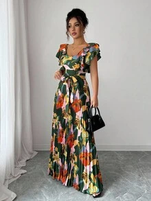 Elenzga Vestido elegante y romántico para mujer con cuello en V, estampado digital, volantes en la cintura y corte evasé, estilo vacacional - Multicolor - Ver 3