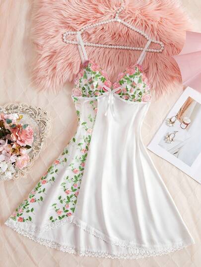 SHEIN 1件套女士花卉刺绣镂空性感睡袍