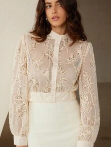 Aveloria Rosie 刺绣、串珠、镂空和格子拼布圆领短袖女式衬衫 - 杏色 - 查看 4