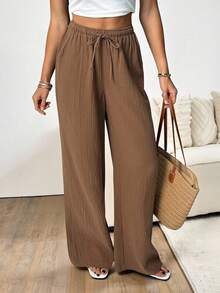 SHEIN Tall Pantalones casuales con cordón de unicolor para mujer - Marrón - Ver 1