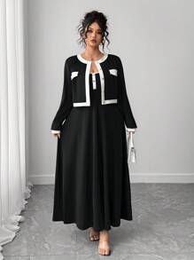 Elenzga بدلة سيدة أنيقة للتنقل مكونة من جاكيت قصير بأكمام طويلة مع تريم متباين وفستان منزلق مقاس كبير للسيدات، مجموعة من قطعتين - الأسود - مشاهدة 6