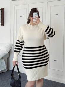 SHEIN EZwear Plus Size Color Block Striped Stand Collar Fitted Knit Dress, Casual & Commute Autumn Winter Clothes For Women - Black and White - View 3