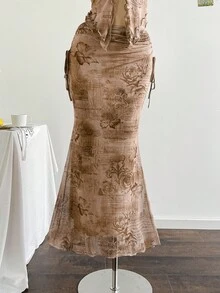 Soleia Spring/Summer Vacation Elegant New Strapless Sleeveless Printed Mesh Top & Pleated Skirt 2 Pieces Set - Multicolor - View 8