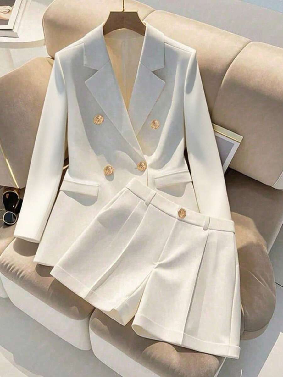 Franclia Elegant Solid Color Double-Breasted Blazer And Shorts Set, Suitable For Daily Commute Fall Cloth For Women