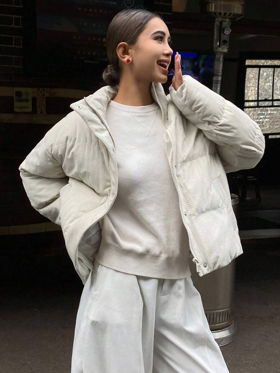 女士纹理面料宽松休闲外套，街头风格棉服外套夹克冬季 - 米色 - 查看 1
