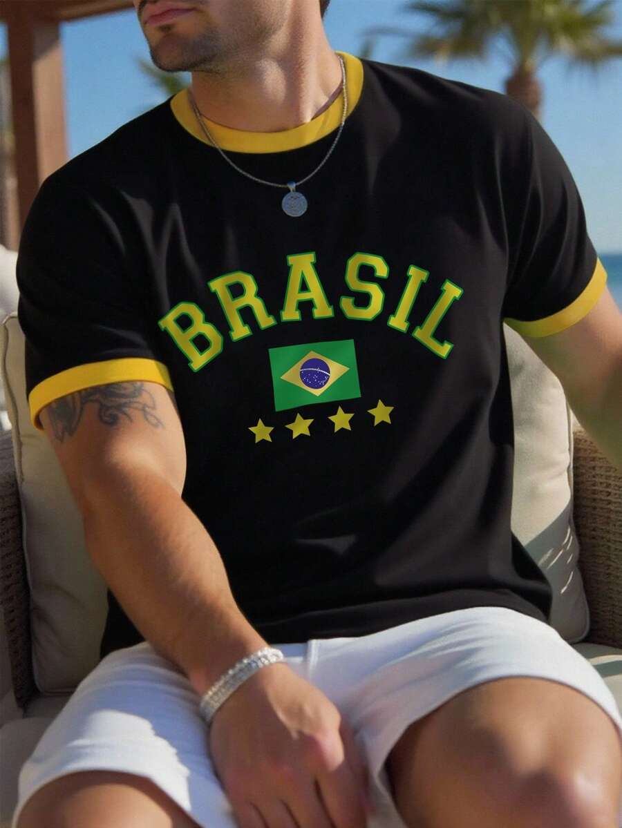 Manfinity Homme Camiseta de parchwork para hombre Manfinity Hypemode, con estampado de elementos y letras de fútbol de Brasil en verde y amarillo, diseño de parchwork de colores contrastantes de manga corta - Negro - Ver 1