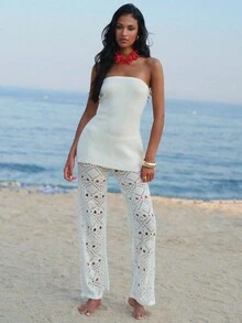 Opulessa Women's Off White Solid Bandeau Top & Hollow-Out Knit Pants 2 Pieces Set,Crochet Summer Casual Vacation Holiday Outfits,Off The Shoulder Wedding Guest - Beige - View 6